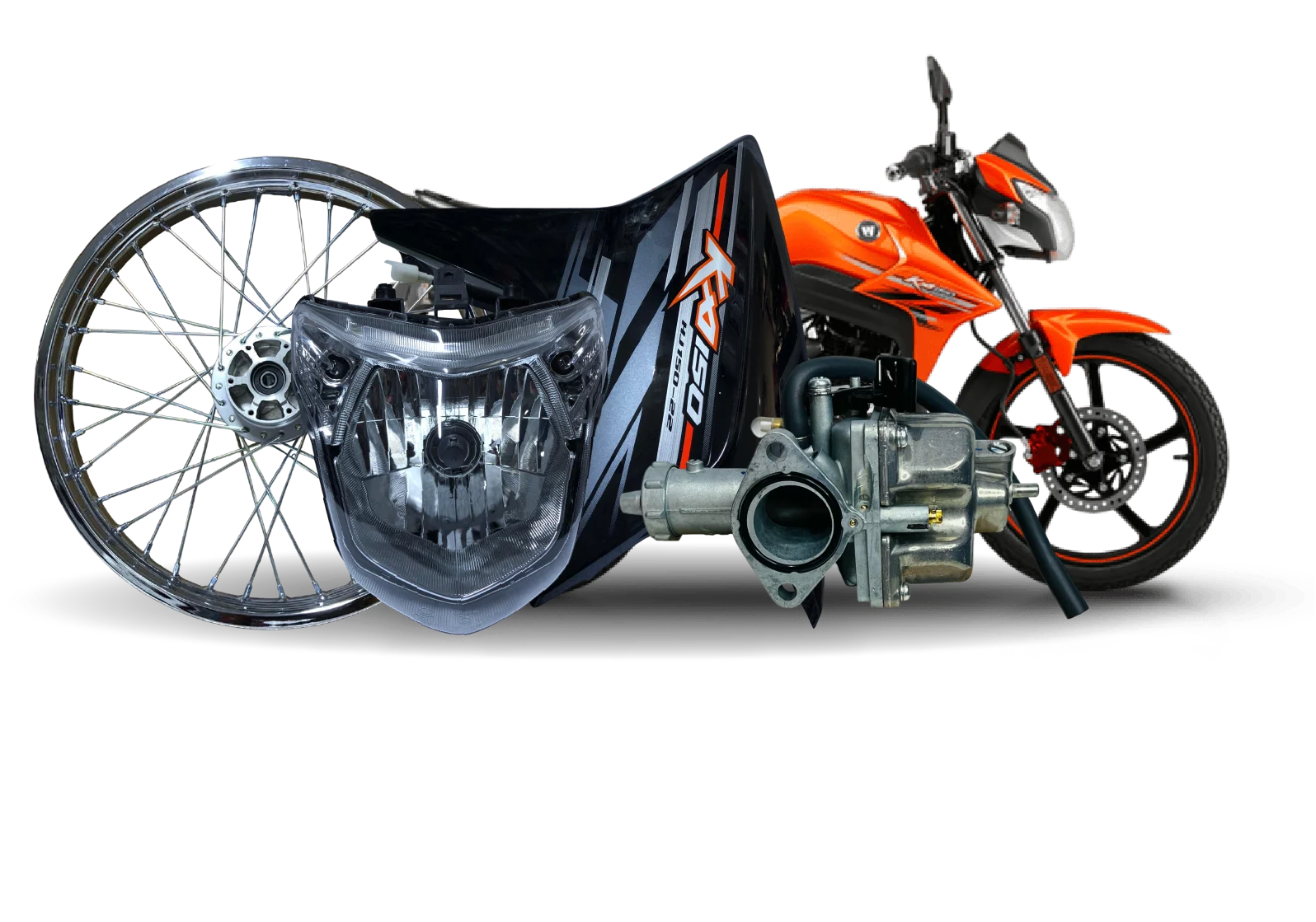 Aro, faro, carenado y carburador originales junto a una moto Haojue